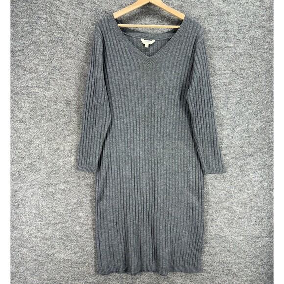 Terra & Sky Sweater Dress Women 1X Plus Gray Midi V-Neck Long Sleeve Casual - Picture 1 of 7